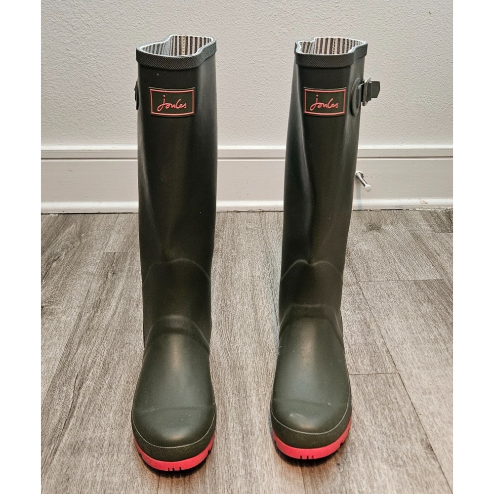 Joules Olive Green Pink Stripes Tall Rain Boots Silver tone buckle Women's US 8